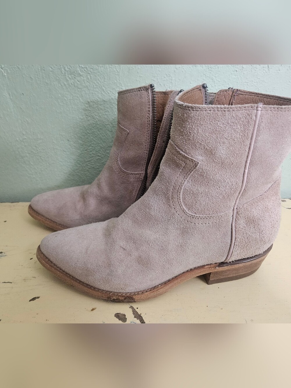 Frye Suede Ankle Zip Western Boots in Light Taupe